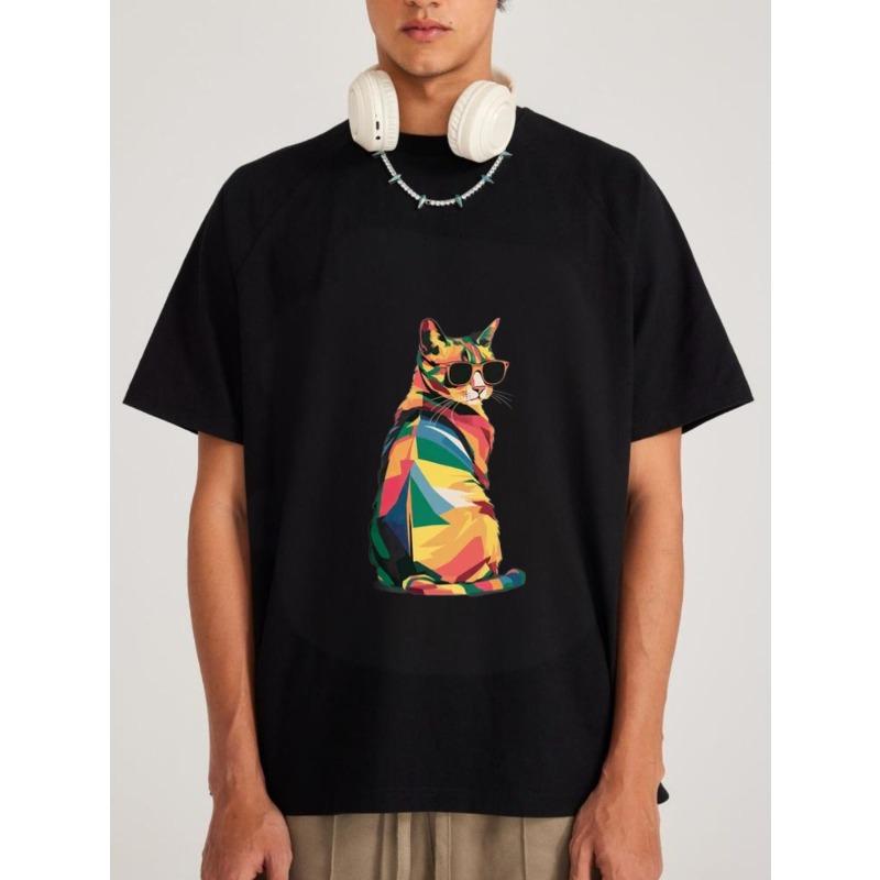 Crewneck T Shirt White Colorful Cat with Sunglasses Print Casual Wear for Men and Women