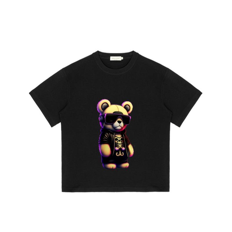 Black T Shirt with Cartoon Bear Wearing Sunglasses and Skull Design for Casual Wear