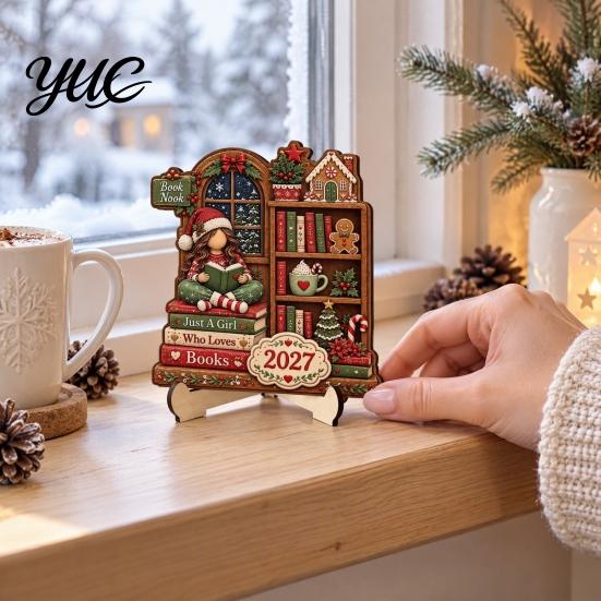 Christmas Shelf Decor Book Lover Gifts for Women, Just A Girl Who Loves Wooden Plaque, Holiday Ornaments 2D Flat Reading Block Sign with Stand