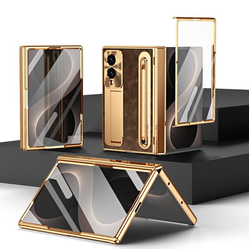Plating Leather Phone Case For Samsung Galaxy Z Fold 8 Wide 7 6 5 4 TriFold Luxury Hidden Bracket Cover with Pen Slot & S Pen Screen Protector Film