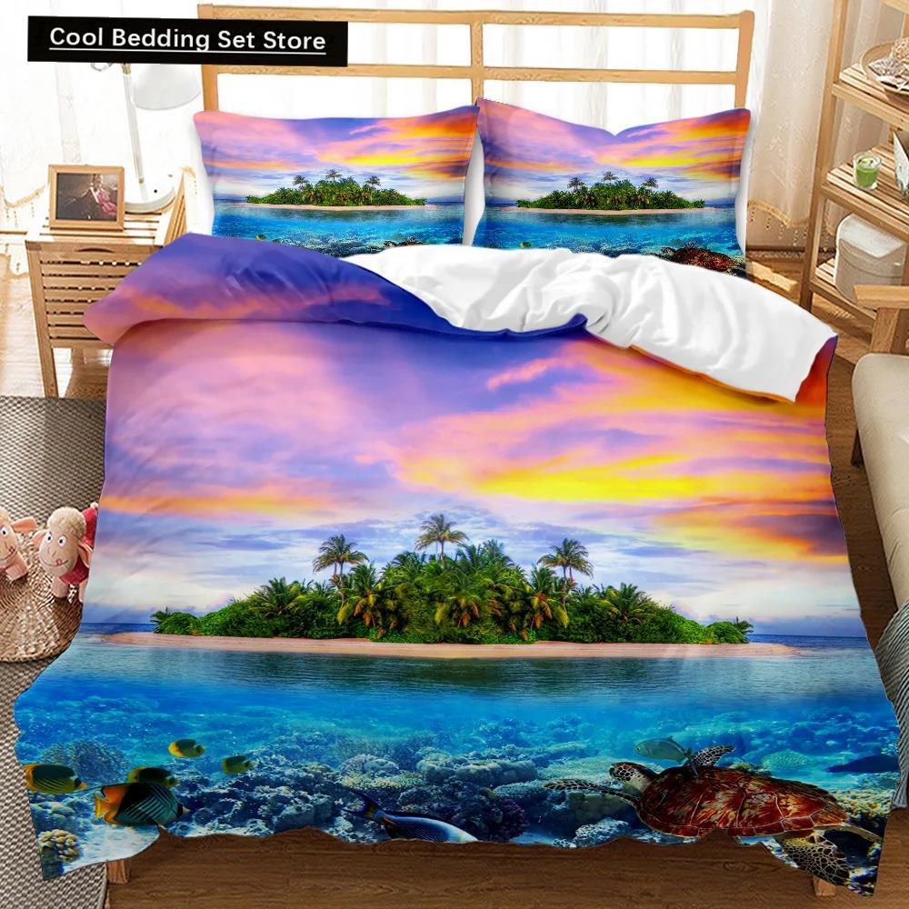 Beach Duvet Cover Set Summer Ocean Bedding Set Hawaiian Marine Sea Waves 3D Print Starfish Polyester Comforter Cover Queen King