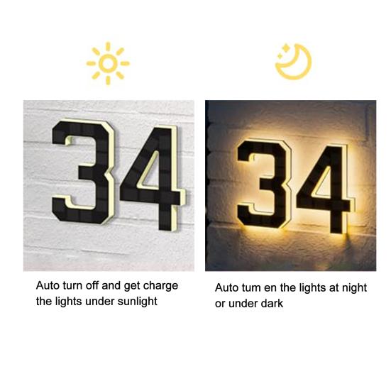 Solar Powered House Number Sign with LED Backlight Auto On/Off Waterproof LED Modern Address Plaque Outdoor Security Light for Home Garden Garage