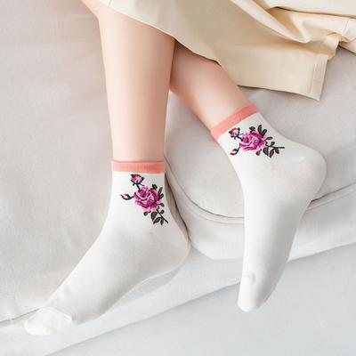 21 Spring And Summer Women'S Socks Adult Socks Japanese Sweet Floral Cotton Socks Korean College Wind Floral Medium Tube Retro Socks