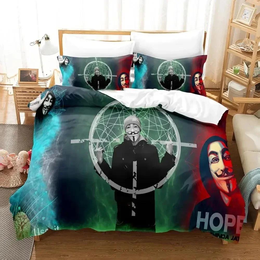 Personality Technology Anonymous Bedding Set Duvet Cover Sheet Printed Bed Set Pillowcase Full Queen King Size Comforter Bedroom