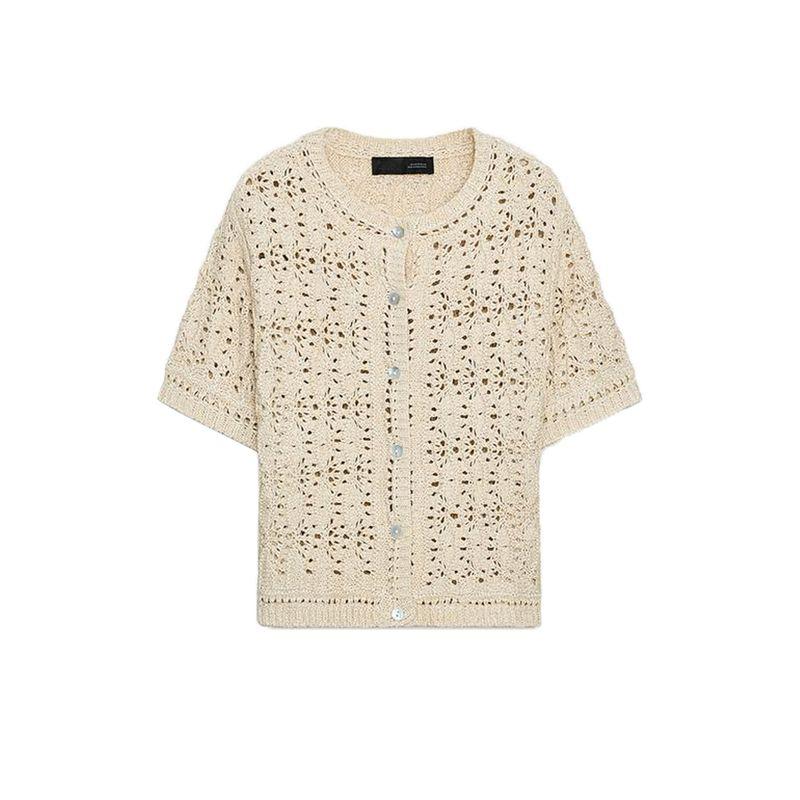 Summer New Product Women's Clothes French Classic Style Single-Breasted round Neck Short Sleeve Cut Out Knitting Outwear 8082001