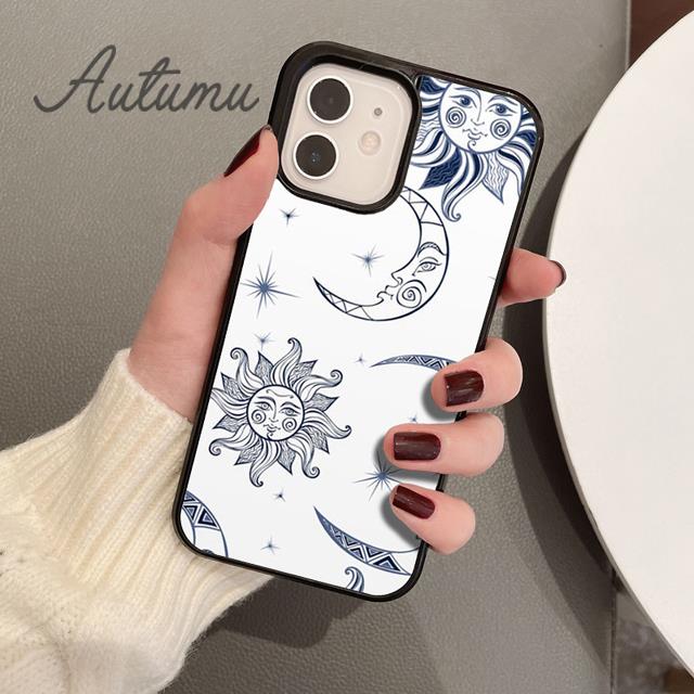 Blue Sun and Moon Phone Case for iPhone 11 12 13 14 Pro Max Mini X XR XS SE 2020 6S 7 8 Plus Samsung Galaxy S21 S22 Cover Shell