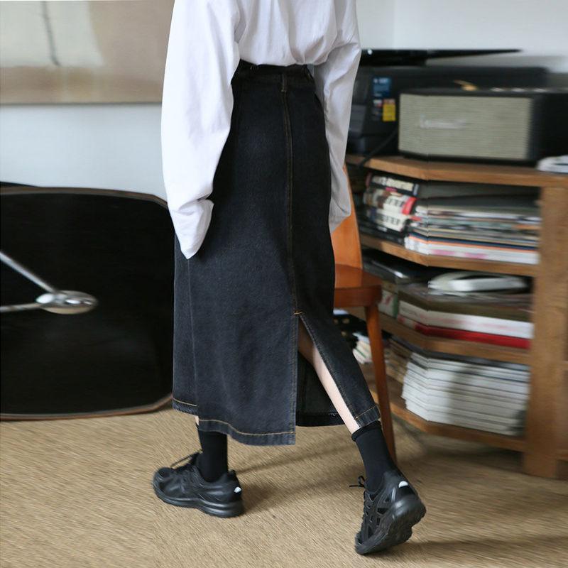 Retro Korean Style High-Waist Slimming Denim Midi Skirt with Split for Women