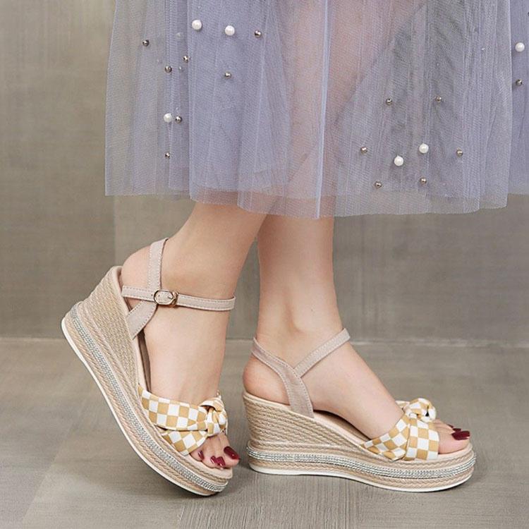 Sandały na koturnie Damskie Letnie Wysokie Obcasy Peep-toe Krata Moda Jedno Słowo Pasek z Klamrą Wodoodporna Platforma Buty Damskie