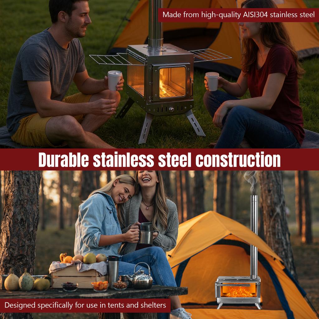 Portable Wood Burning Stove with Chimney Pipe Outdoor Heating Stove Rust Proof Fire Viewing Wood Stove for Travel Picnic