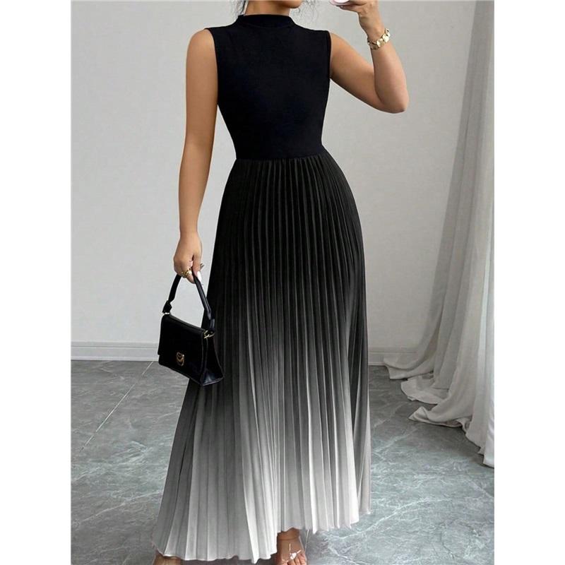 Graduated Color Sleeveless Round Neck Dress Long Skirt Korean Style Casual Fashion Comfortable Leisure Gradient Color Dress