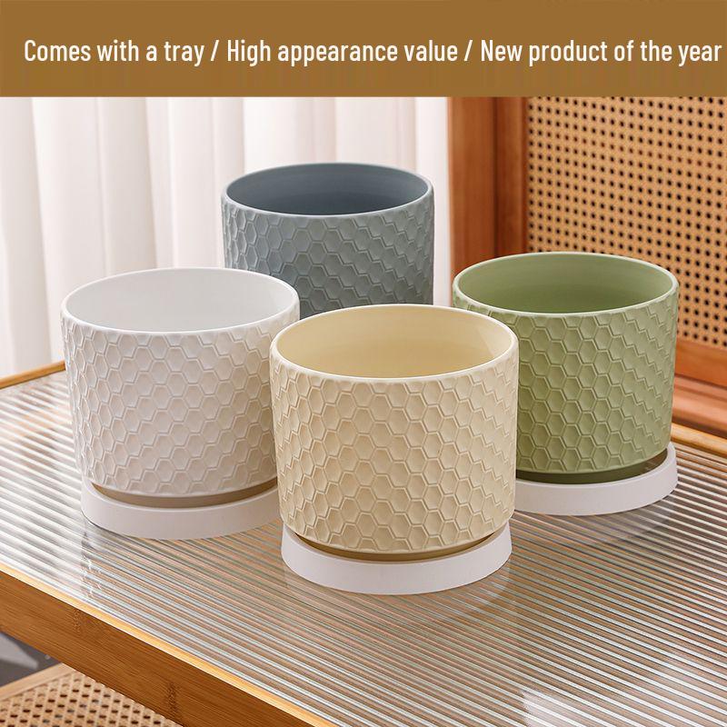 Elegant Large Ceramic Flower Pot with Saucer for Home - Light Luxury Style Ideal for Orchids, Succulents, and Green Plants