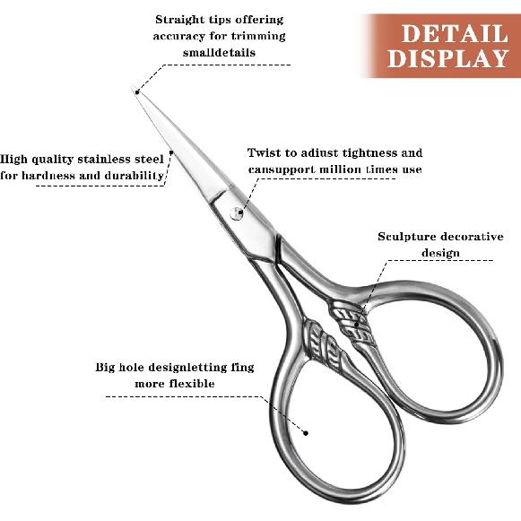 Small Precision Scissors Stainless Steel Facial Grooming Straight Tip Snips Professional Beauty Vintage Eyebrows Clippers Kit with Leather Case for