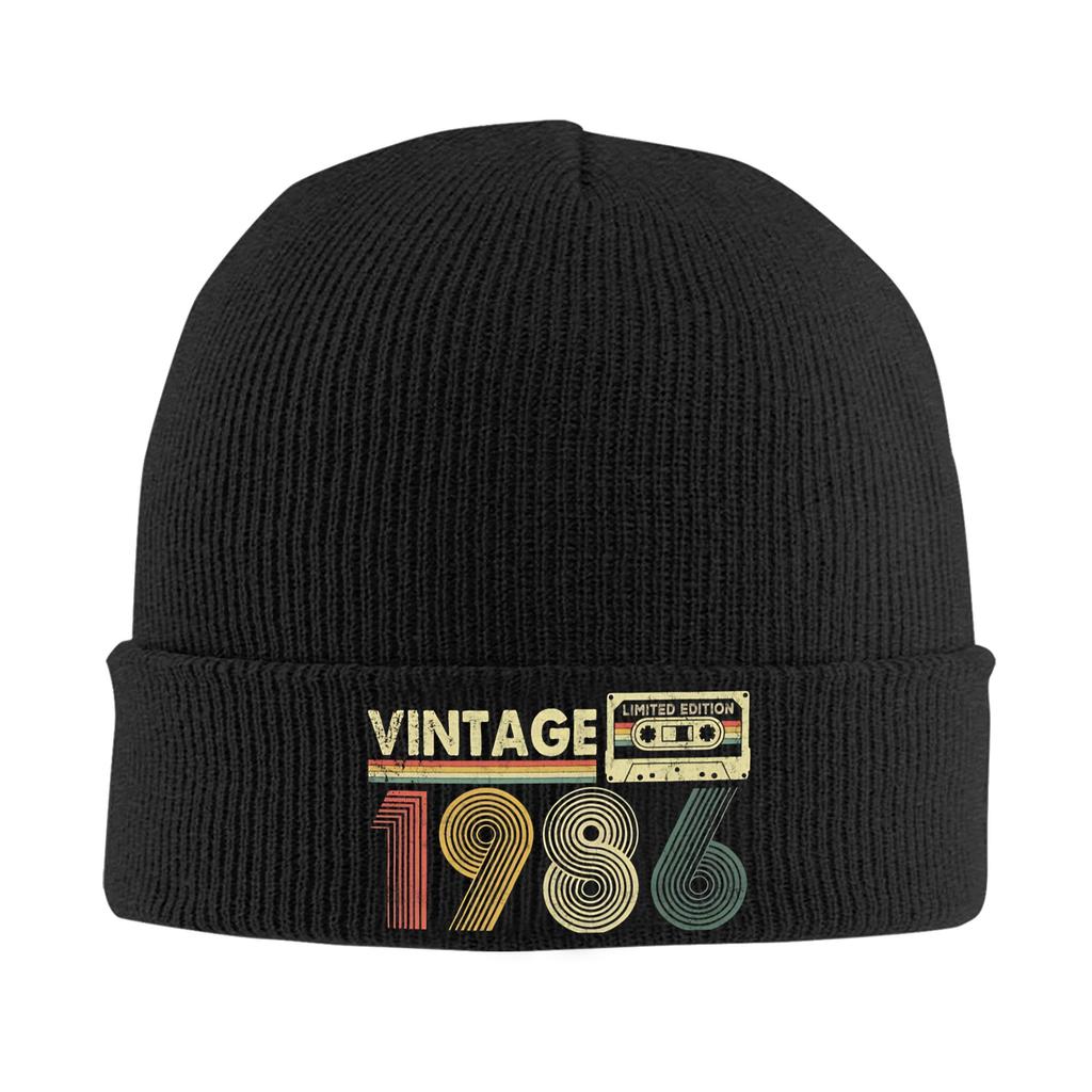 Born in 1986 vintage age 40 years old funny 40th birthday Rib Knit Cuffed Beanie For Unisex  Warm Knitted Skull Cap