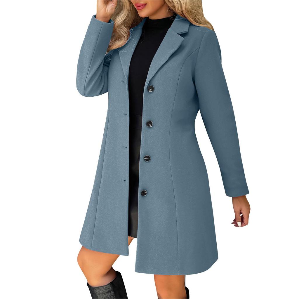 Women Winter Wool Coats Button Lapel Jacket Thickened Trench Coat  Elegant Windbreaker Solid Color Classic Mid-Length Coat