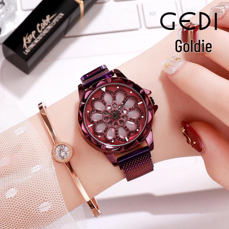 GEDI Luxusní dámské módní hodinky s diamanty, vodotěsné, s otočným rámečkem a páskem z nerezové oceli