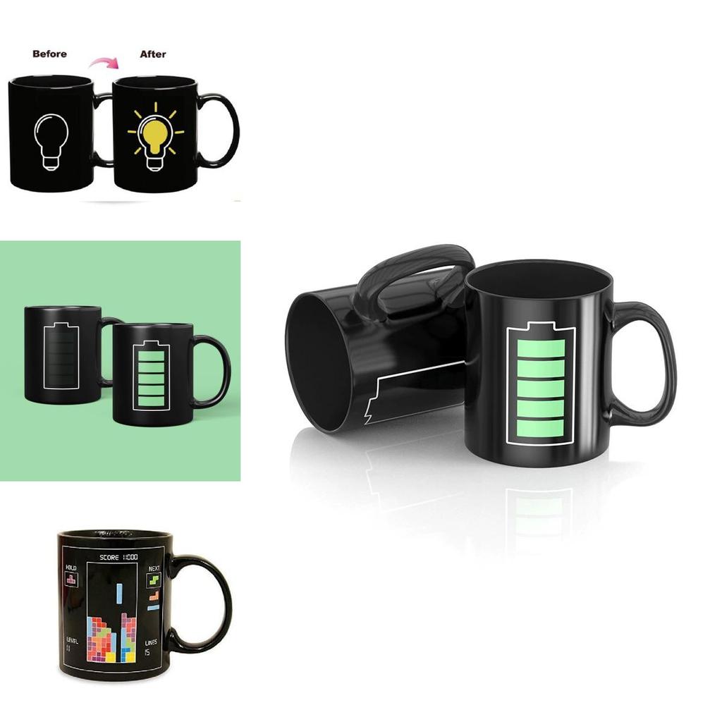 Farbwechselnde Keramiktasse mit Glühbirnen-, Tetris- und Batteriemuster zum Verschenken und für Werbezwecke