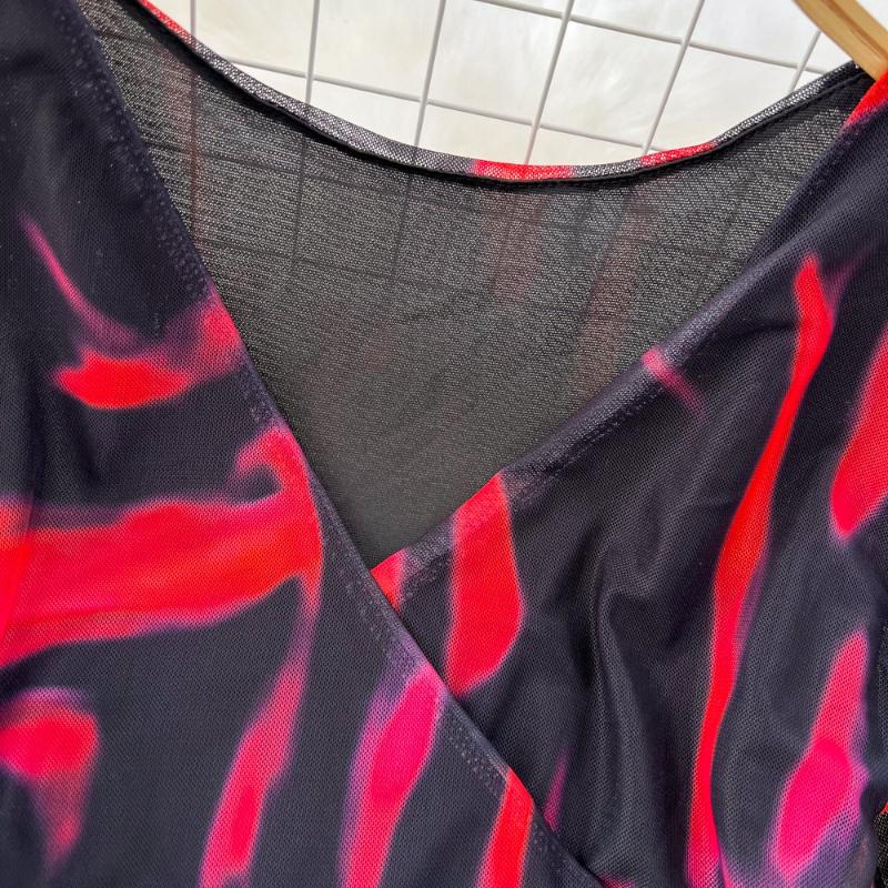 Sexy Tie-dye Printed V-Neck Long Sleeve Dress Women Chic Elegant Patchwork Vintage Midi Dresses Female Korean Fashion Casual One Piece Dress 2024