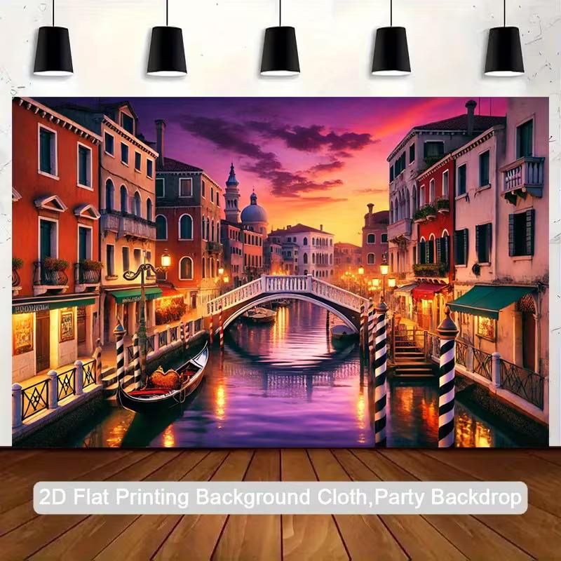 2D Romantic Backdrop, Venetian Canal with Historic Buildings and Twilight Sky Background