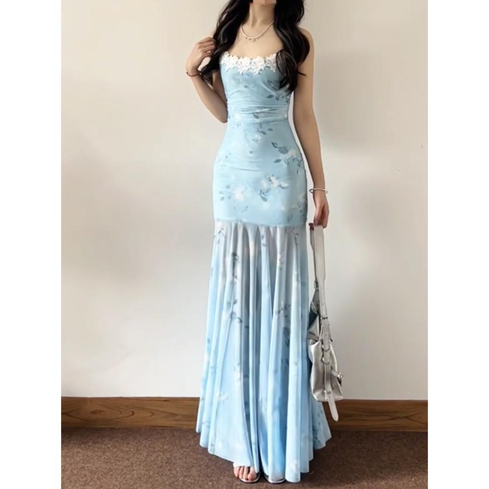 Super zână, frumos, rochie cu bretele din plasă, temperament feminin de vară, nouă ciupitură în talie, rochie de vacanță tip sirenă care urmărește linia șoldurilor