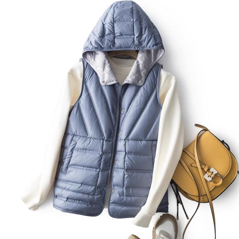 Double-sided Wear Contrasting Color Hooded Down Vest for Women's 2025 Autumn and Winter Senior Feeling Thin and Warm Vest White Duck Down Vest