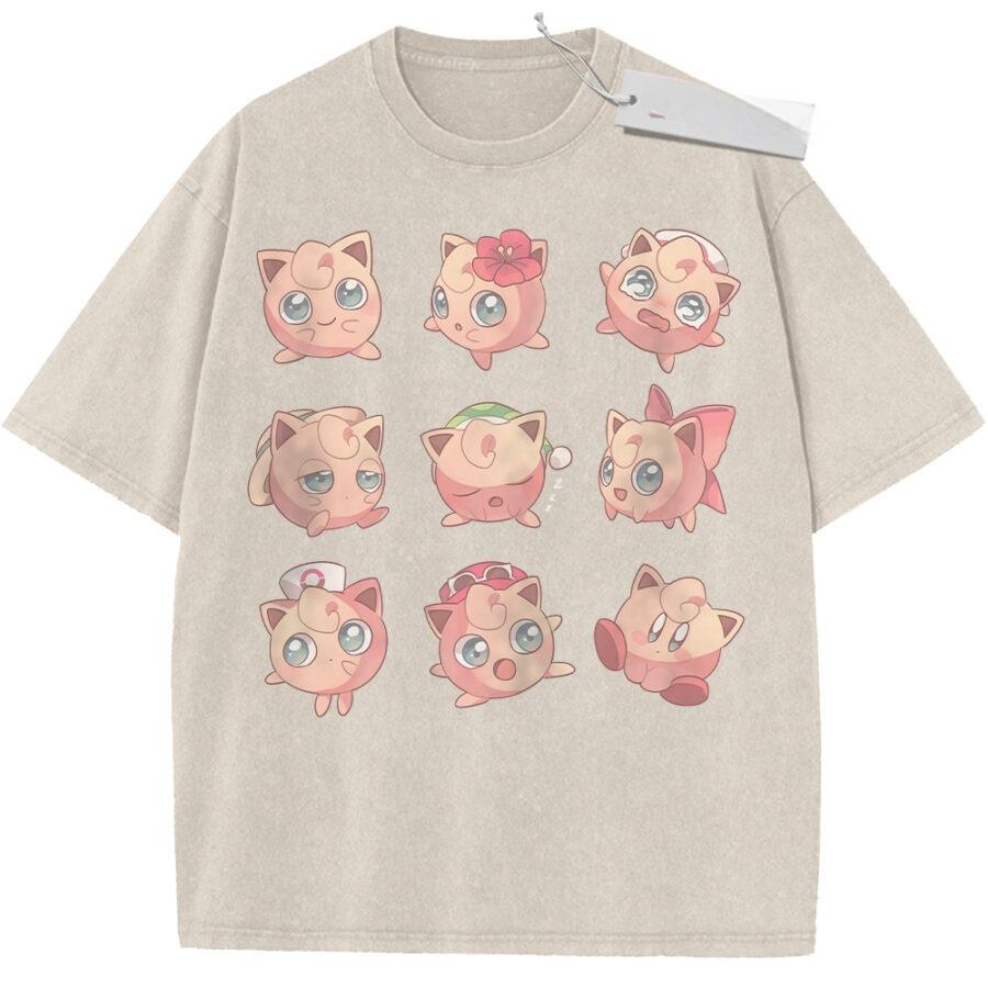 Unisex Washed Pink Vintage Tshirt Pokemon Jigglypuff Emoji Highquality Fabric for Home Leisure Travel Shopping