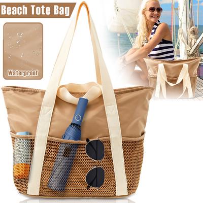 Beach Tote Bag Polyester Waterproof Shoulder Handbag with Zipper Foldable Lightweight Clothing Storage Bags Travel Accessories