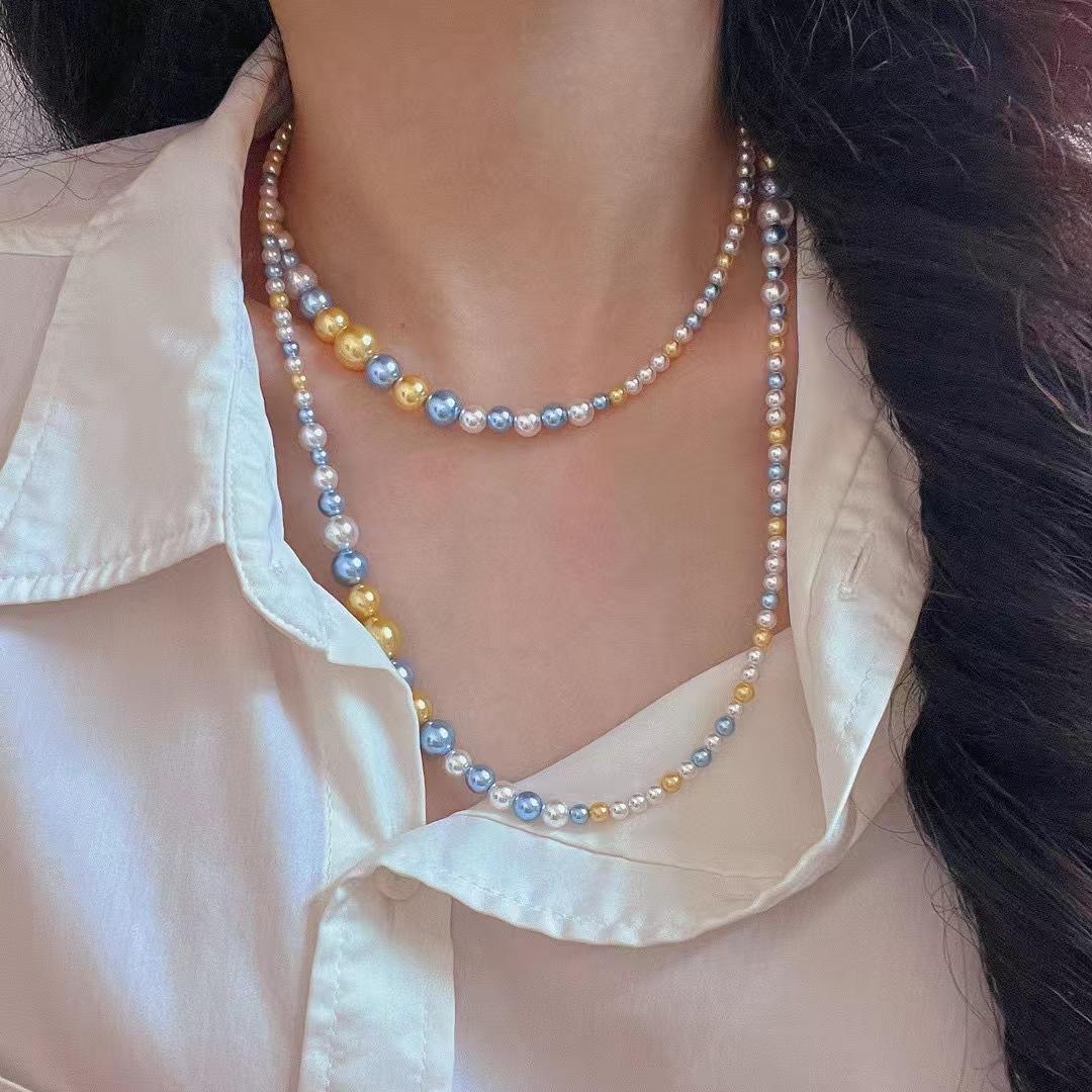 Retro High Quality High Gloss Cold White Blue Enchantress Warm Gold Gradual Change Color Artificial Pearl Collarbone Chain Necklace
