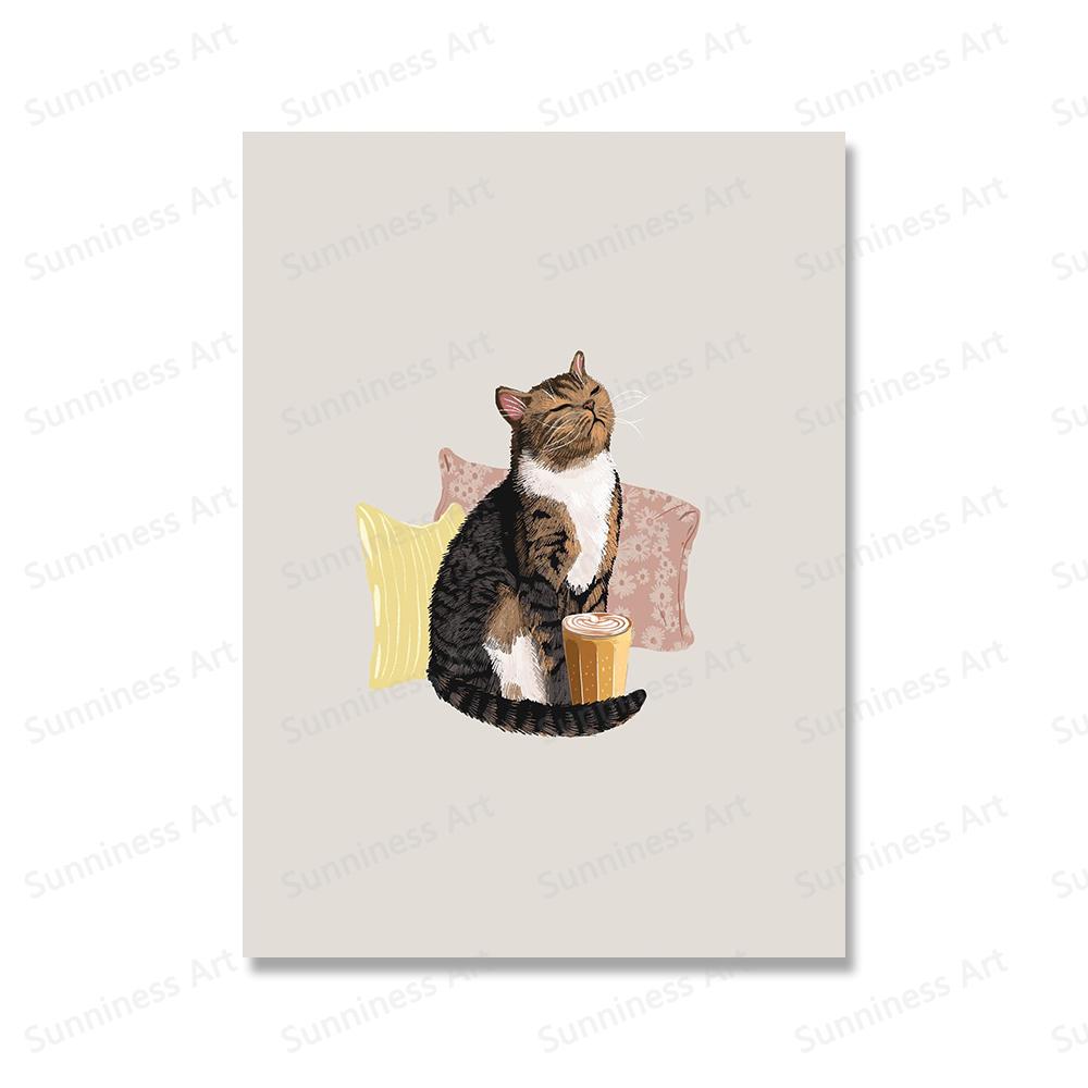 Pisică amuzantă Plante verzi Boho Artă de perete Pictură pe pânză Postere și imprimeuri nordice Poze moderne de perete pentru decorarea camerei de zi