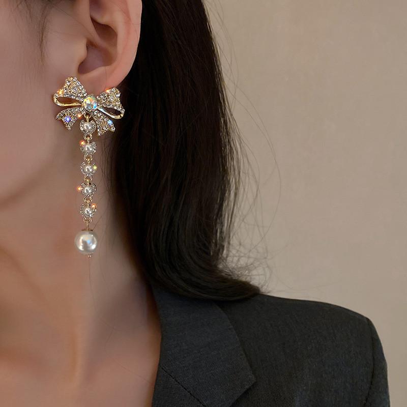 Bowknot Rhinestone Dangle Earrings for Women Long Tassel Pearl Earrings Weddings Party Zircon