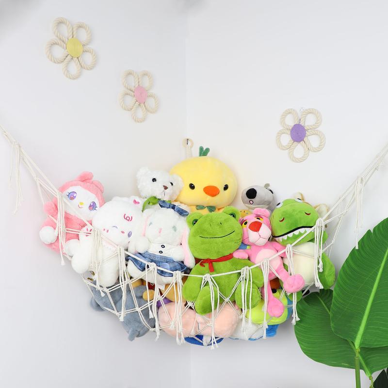 Boho Tassel Toy Hammock Wall Corner Hanging Storage Net Durable Cotton Woven Organizer for Kids Room Nursery Home Decor