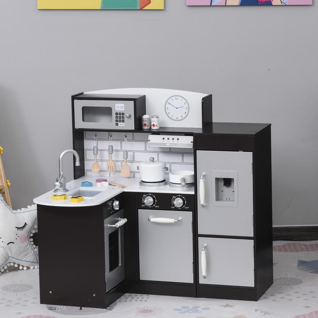 Wooden Toy Kitchen for Children with 14 Accessories, Oven, Sink, Fridge and Microwave, Age 3+ Years, 86x64x84.5cm, Silver and Brown