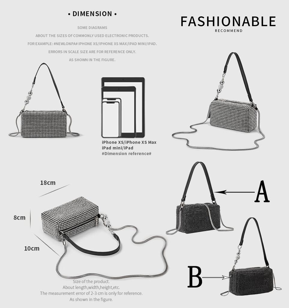 OIUYUE Rhinestone Mini Shoulder Bag, Women's Pochette, Sparkly Handbag, Shoulder Bag with Chain, Korean Style, Casual, Crossbody Bag, 2-Way (Free
