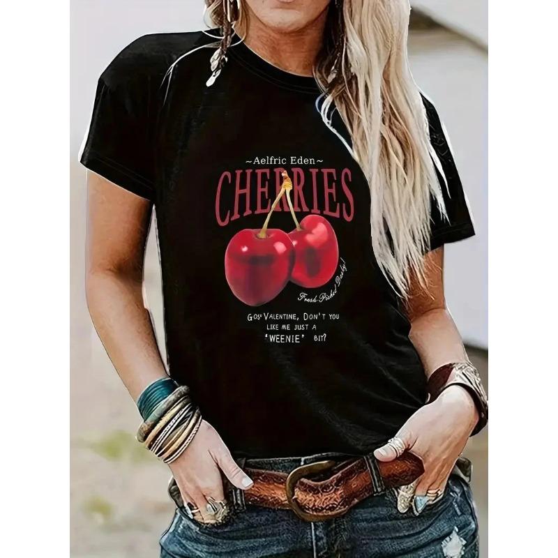 Summer Round Neck 3D Cherry Print Top Fashionable Casual Short Sleeved Women's T-shirts
