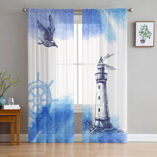 Sea Beach Lighthouse Starfish Seagull Sheer Window Curtains For Living Room Bedroom Modern Tulle Curtains Fabric Drapes
