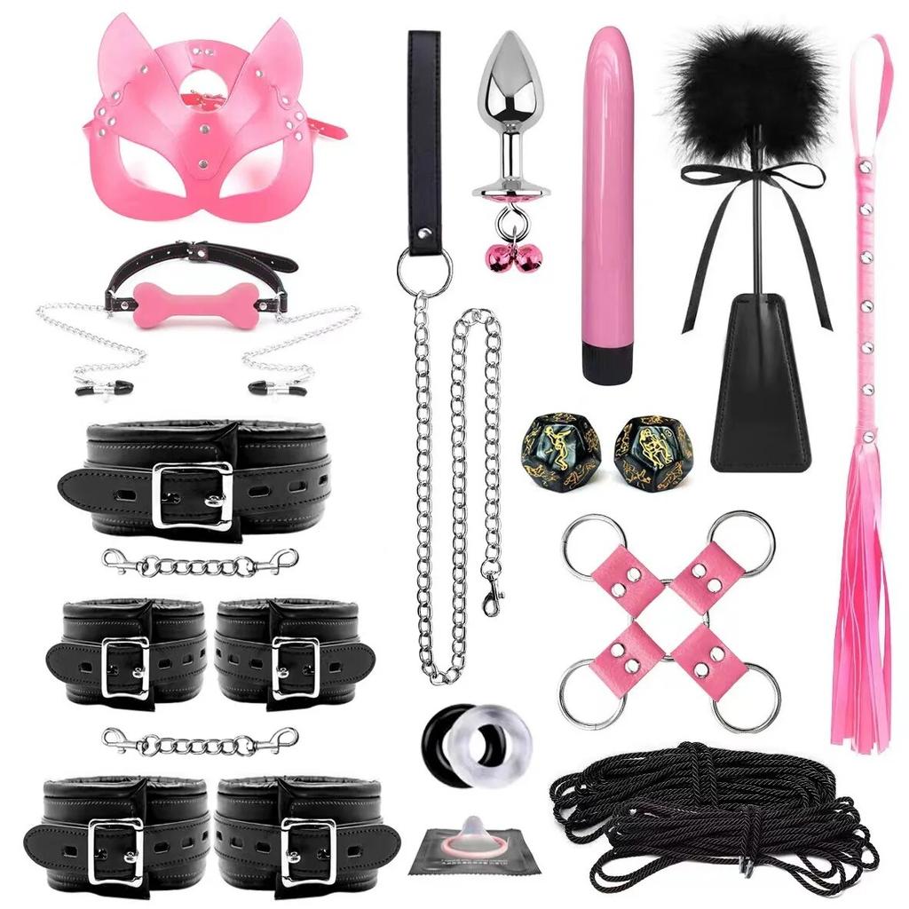 Bondage Set BDSM Kits Adults Sex Toys for Women Men Handcuffs Nipple Clamps Whip Spanking Fetish Metal Anal Plug Vibrator Butt