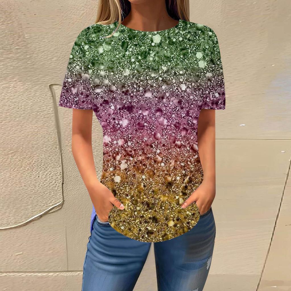 Summer Round Neck 3D Gradient Glitter Print Top Fashionable Casual Short Sleeved Women's T-shirts