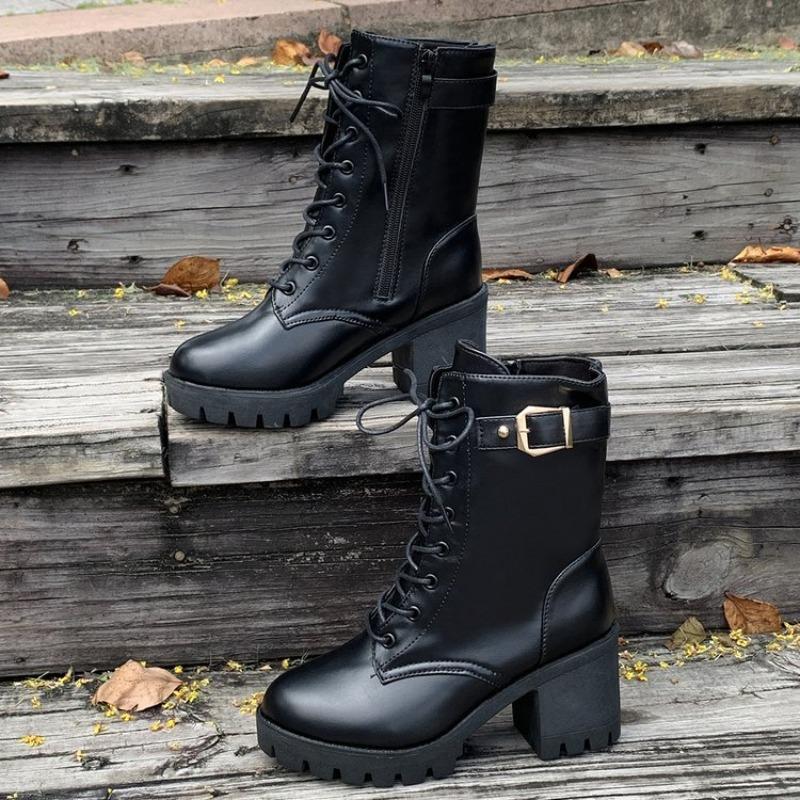 Hot Selling British Style New Round Head Chunky Heel Ankle Bootie Women's Boots Black Lace Up Shoes Botines Para es