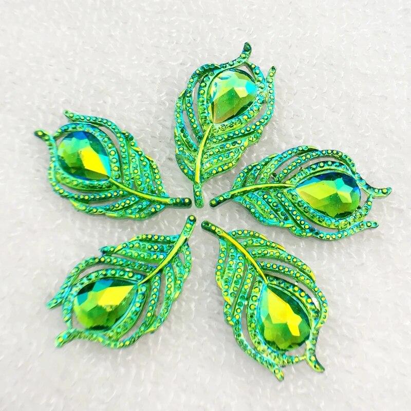 Helt ny 10 st snygga kristall rhindiamonds platt baksida blad scrapbook 20*38mm handsydda fjäder ädelstenar