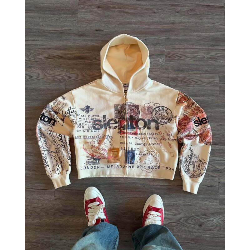 Unisex Retro Stamp Print Zip-Up Hoodie With Embroidery Pocket Loose Fit Streetwear Sweatshirt Fall