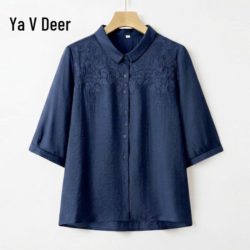 Yalu Women s Embroidered Lapel Three-Quarter Sleeve Plus Size Top 5XL