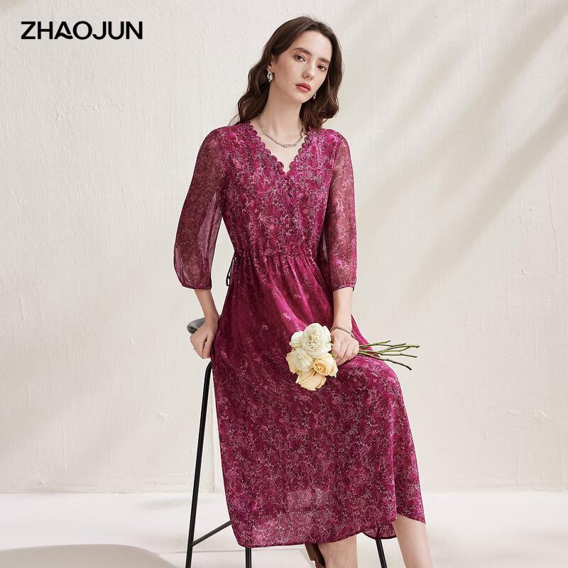 Zhao Jun Women s Floral Mulberry Silk V-Neck 3/4 Sleeve Midi Dress L