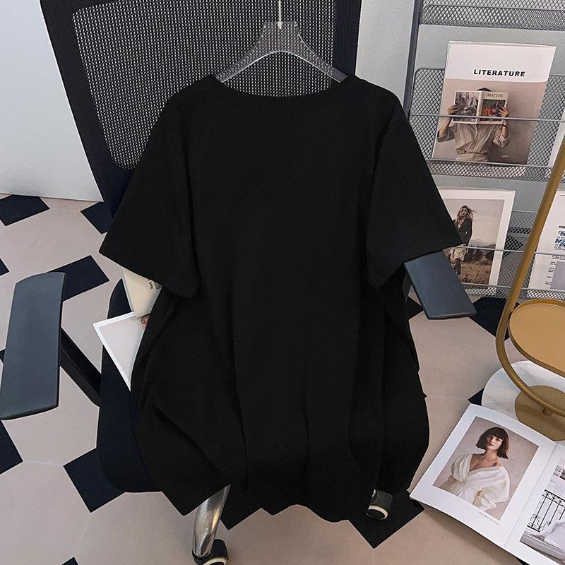 Women's Plus Size V-Neck Loose Fit Mid-Length Short-Sleeve T-Shirt (200/300/350 Jin)