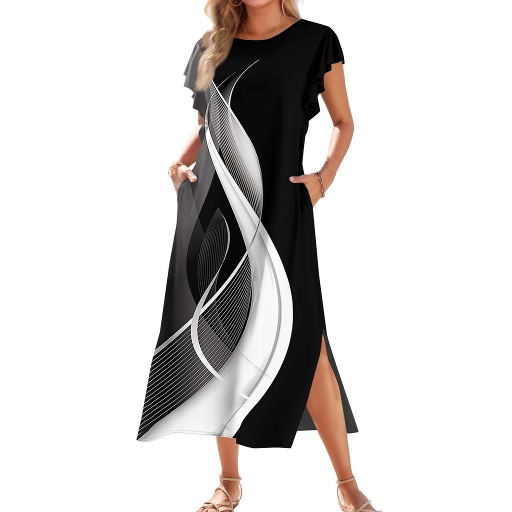 Ladies' Fashionable Summer Casual Pleated Sleeves, Loose Color Block Patchwork Printed Short-sleeved Round Tie Pocket Beach Dress