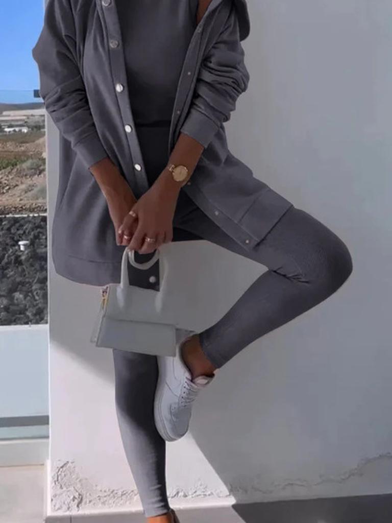 Spring New Women's Casual Hooded Sweatshirt & Slim Fit Ribbed Pants Set - 3 Pieces