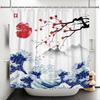 Japan Mount Fuji Cherry Blossom Sunset Shower Curtain Ink Landscape Wave Painting Shower Curtain Bathroom Fabric Decoration
