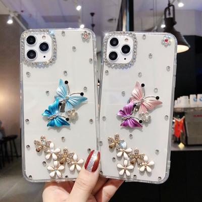 Butterfly Five Flowers Apple 15/14 Mobile Phone Case with Diamonds Iphone12 17/13pro All-inclusive Transparent Silicone Soft