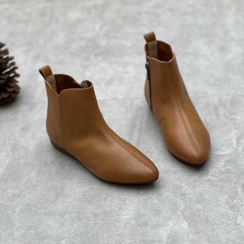Echt Leder Enkellaarzen Dames Retro Lage Hak Schoenen Puntige Neus Ritssluiting Casual Dames Korte Laarzen Kantoor Dames Schoenen 37