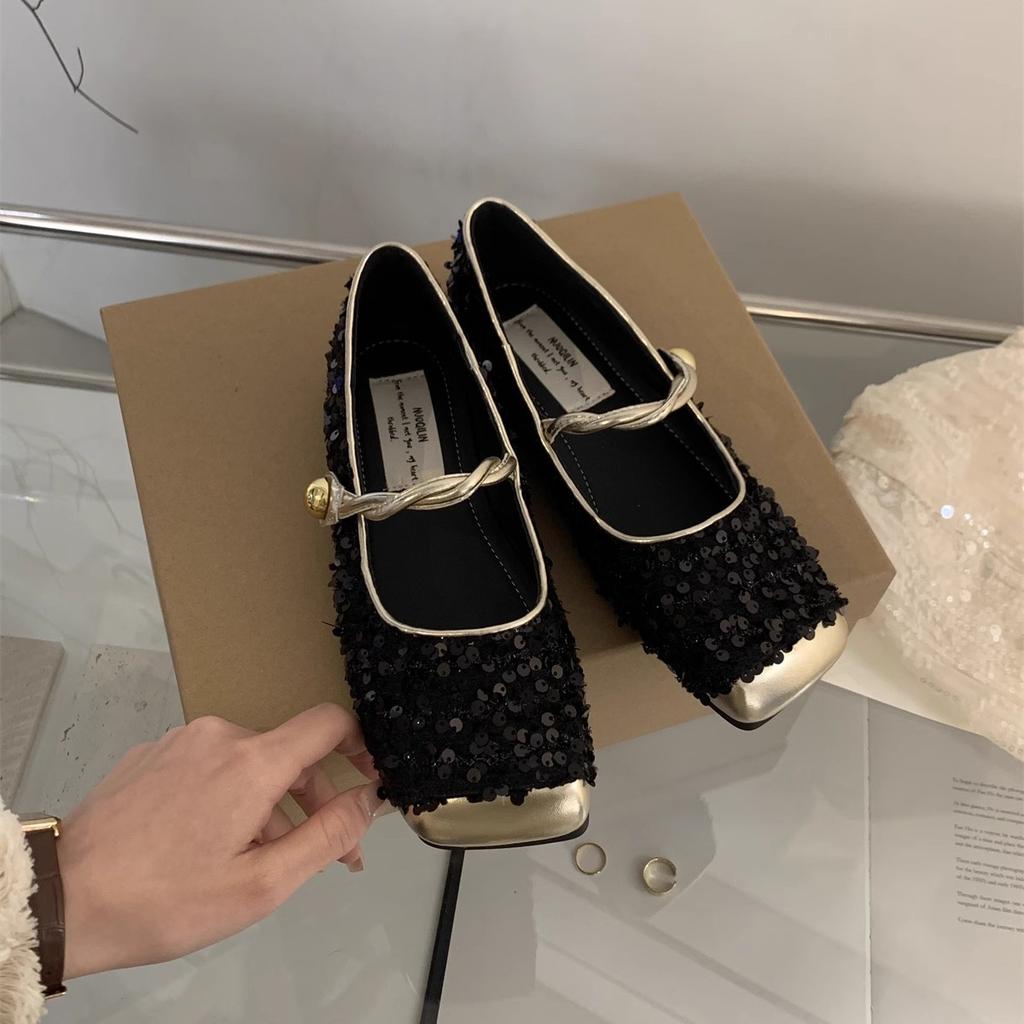 Sequined Gold Bag Head Half Slippers Women's Spring and Autumn Temperament Mary Jane Single Shoes Women's Shoes