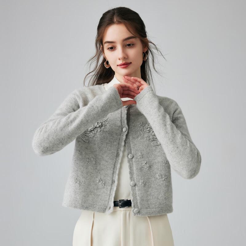 PALUOPO Women's Embroidered Cashmere Crew Neck Cardigan