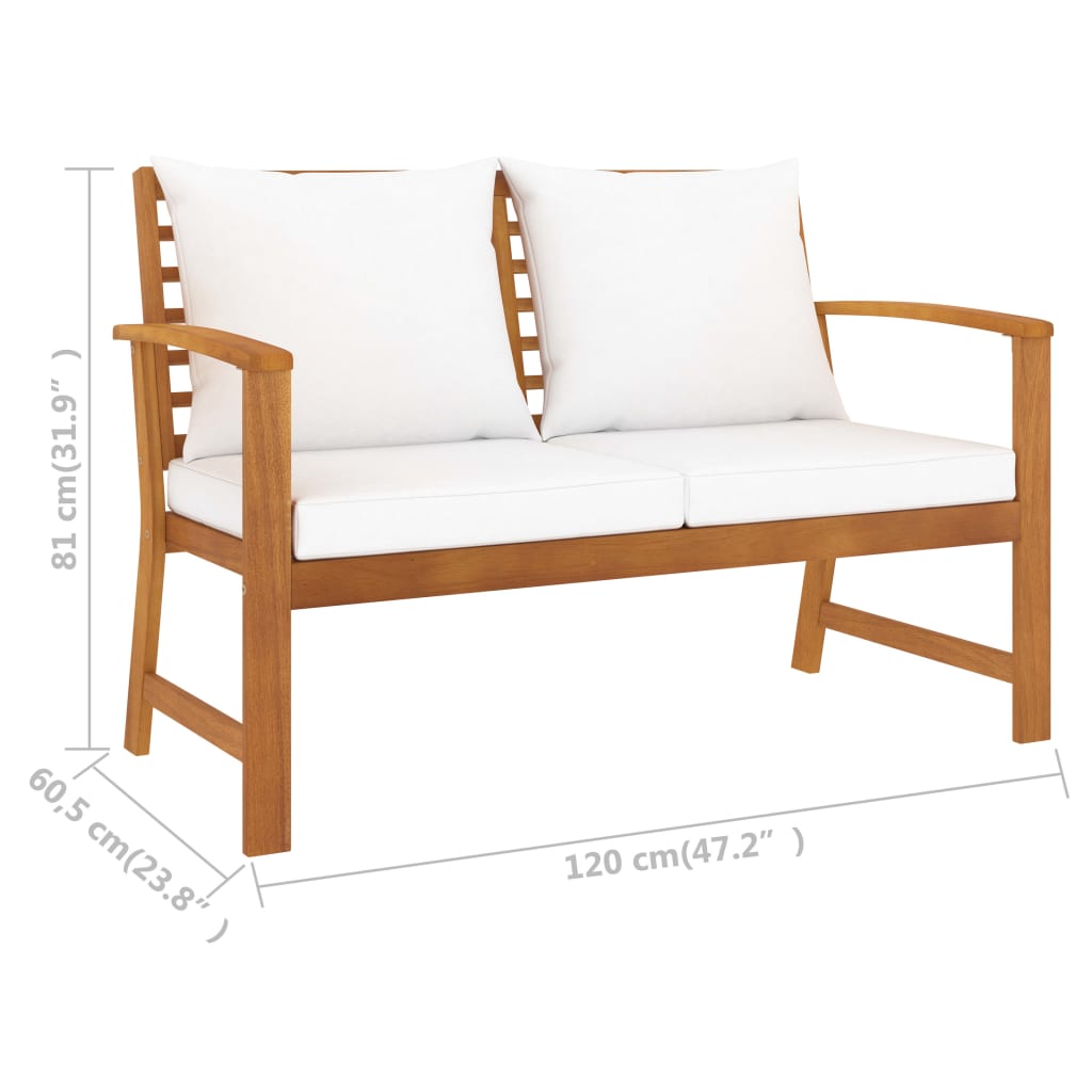 120 Cm Garden Bench with Cream Colored Cushions Solid Acacia Wood